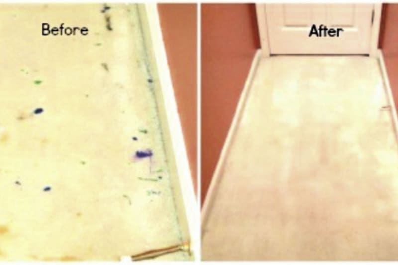 Fotos que muestran antes y después de quitar la pintura seca de la alfombra y otras manchas viejas