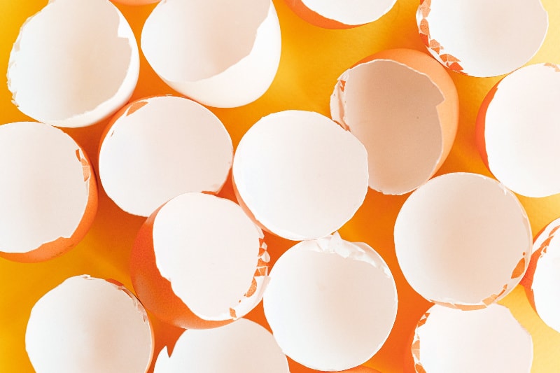 Vista aérea de varias cáscaras de huevo limpias y vacías 